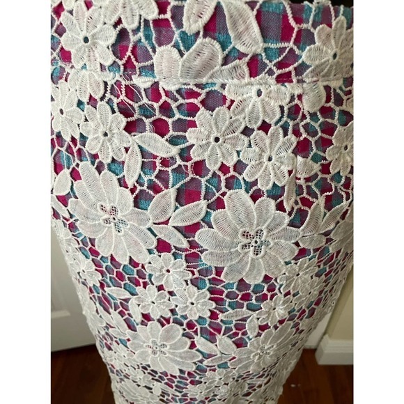 Storets Pink and Blue Plaid Pencil Skirt with Crochet Lace Overlay • Size S 🗣 - Picture 3 of 4